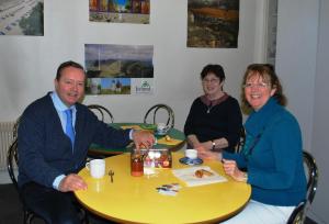 Nuala, Rose & Stephane having coffee in the canteen - note the Irish Poster on the wall!