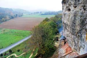 View from Battlements- smoke from kitchen chimney